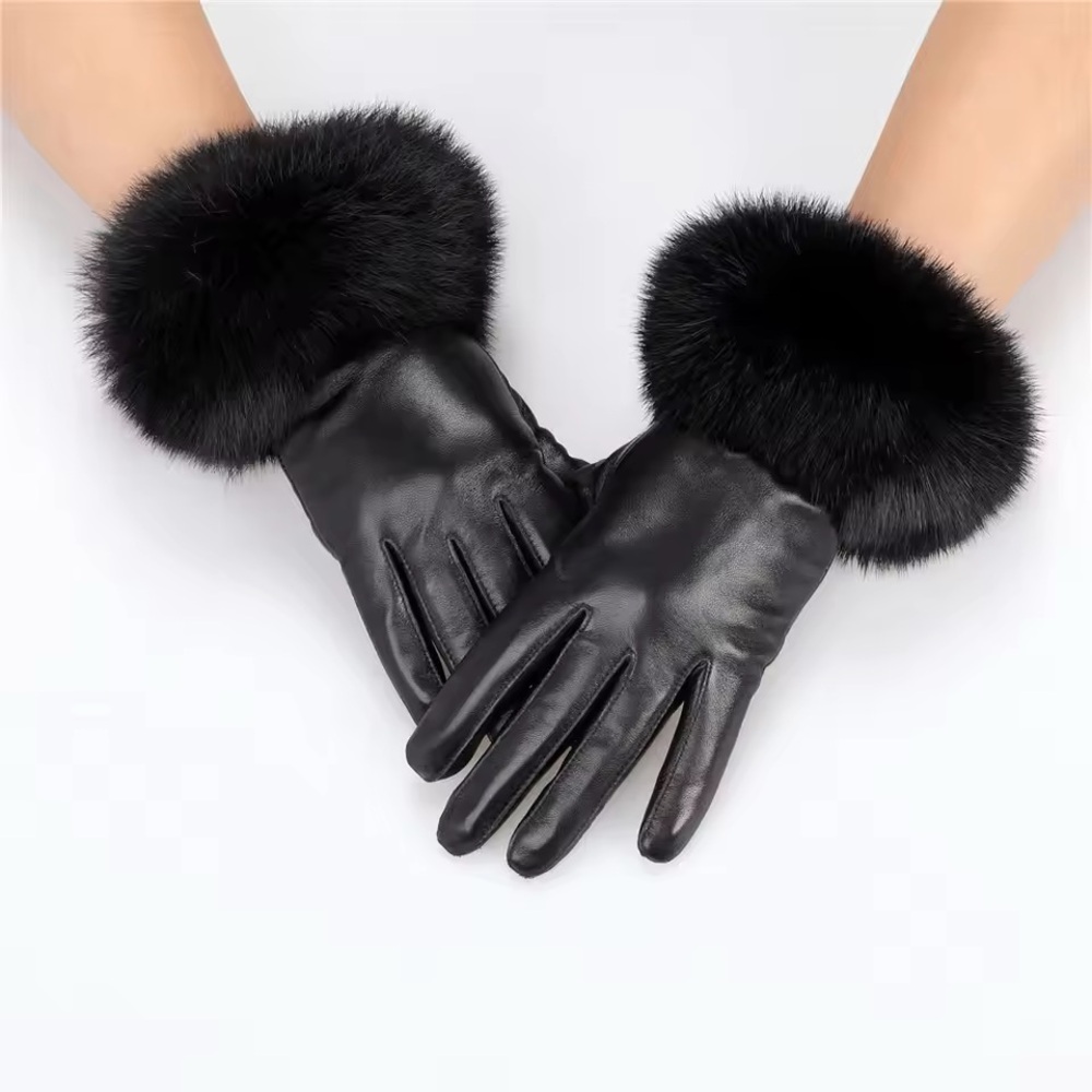 New Sheepskin Black Leather Gloves with real Rabbit Fur Trim